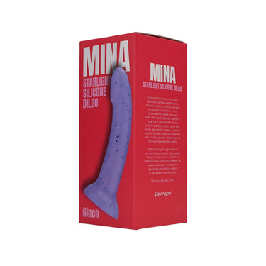 Side view of the Mina Starlight Silicone Dildo box, featuring attractive branding and details about its luxurious design and body-safe materials.
